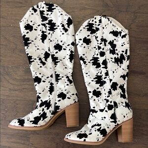 Altar'd State Black and White Heeled Boots with Cow Print